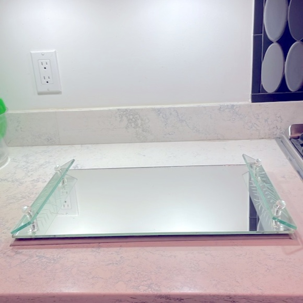 Vintage Mirrored Vanity Tray French Floral Etched Handles 1930’s Art Deco EUC